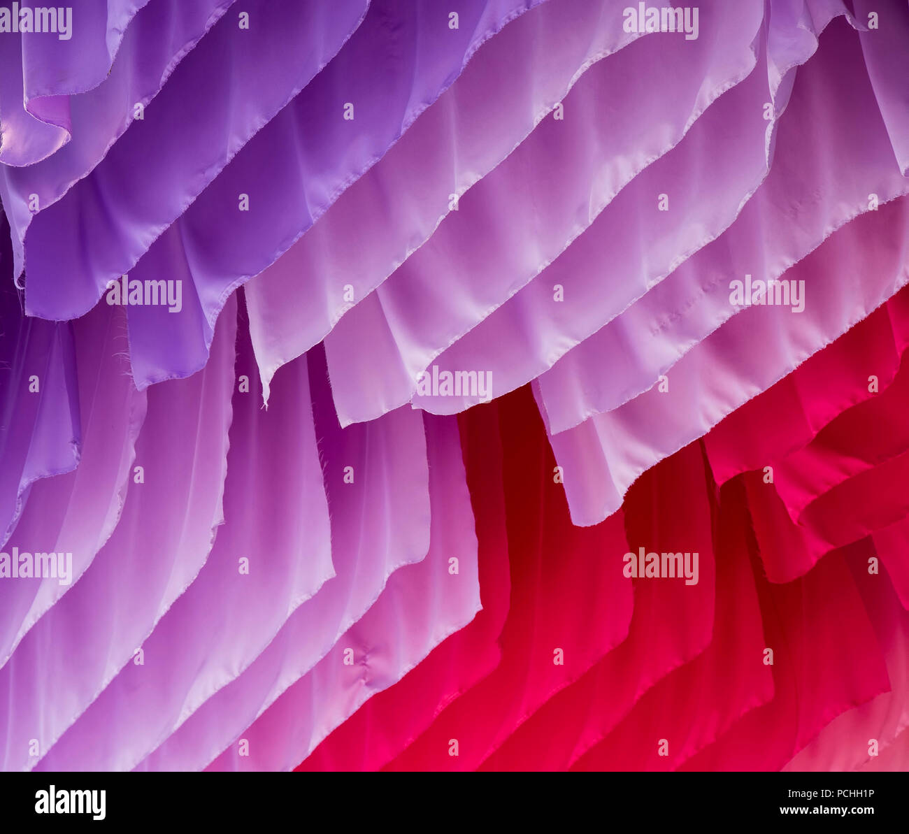Colored Fabric Satin Decoration On The Ceiling Stock Photo
