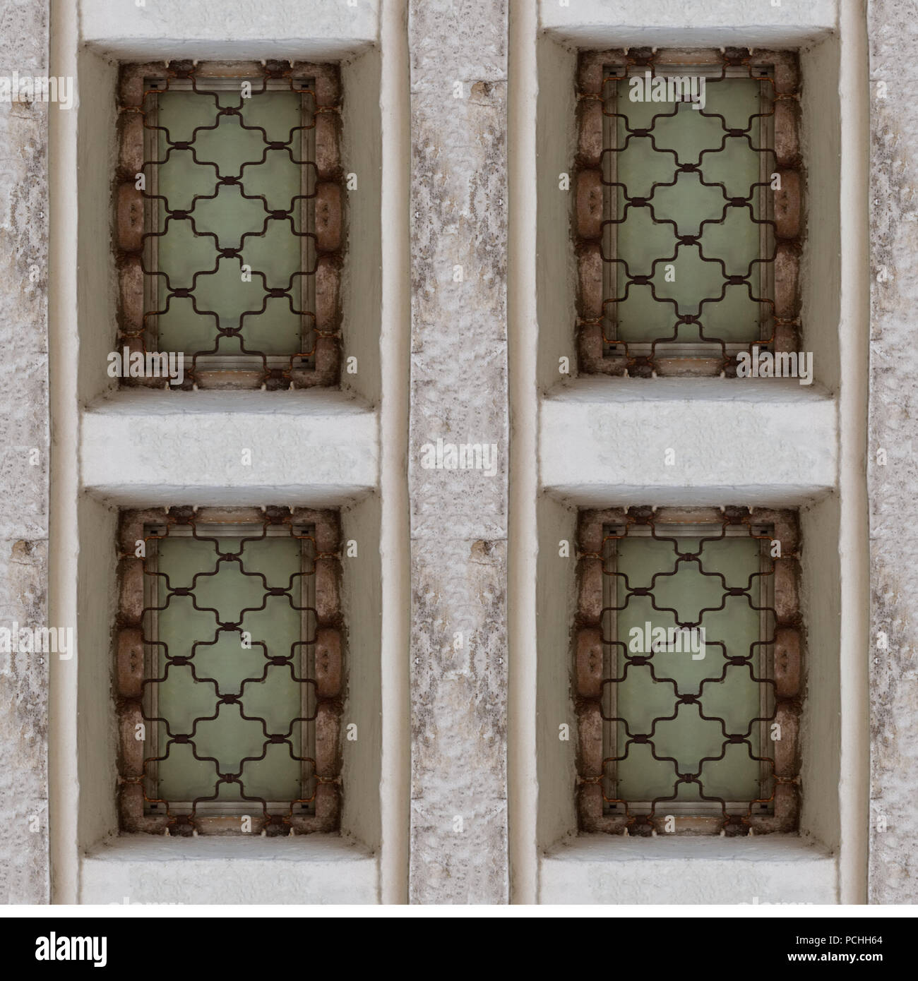 Seamless pattern of ancient castle window with big stone blocks and rust bars Stock Photo