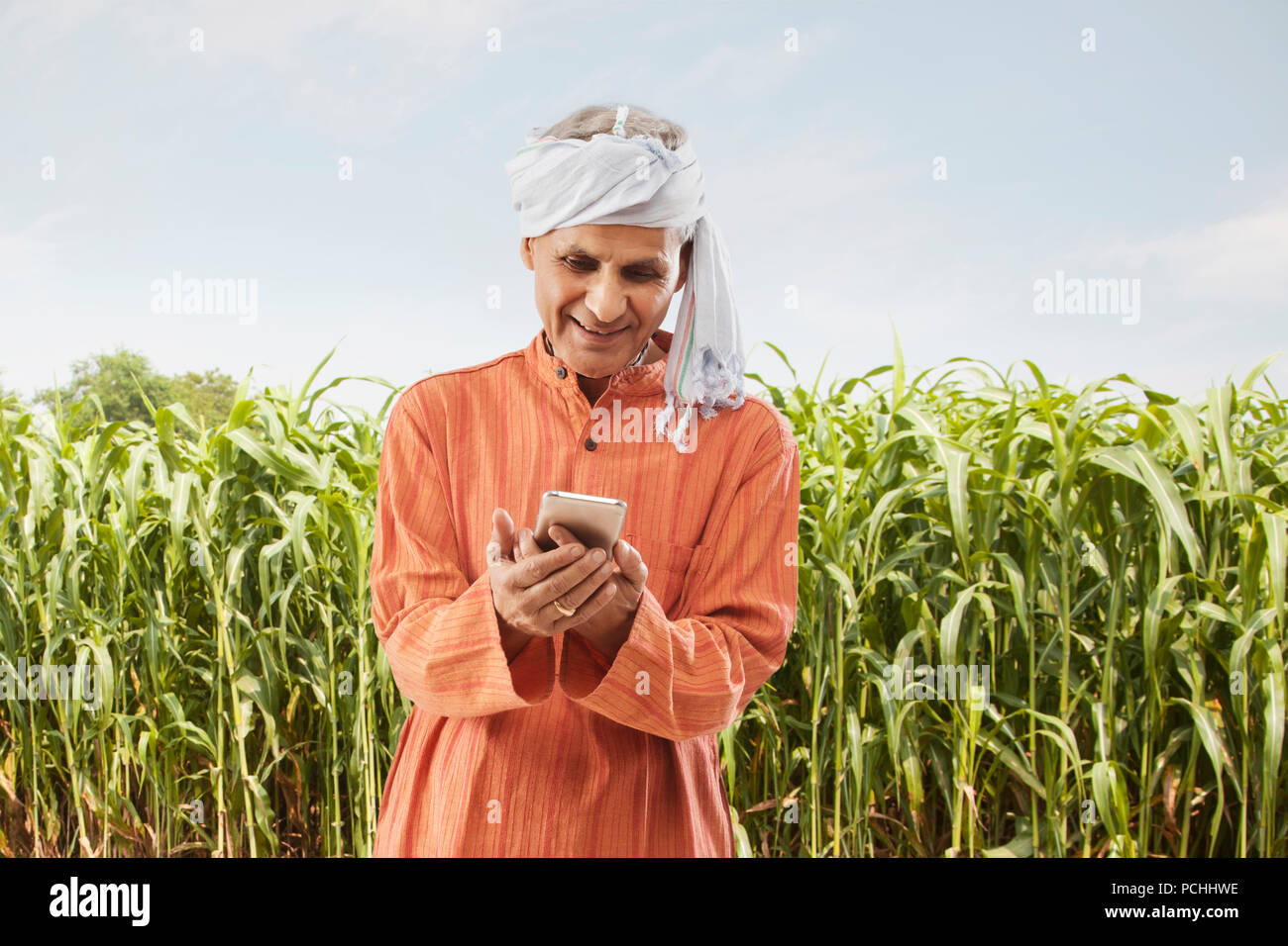 Senior farmer using mobile phone standing in field Stock Photo