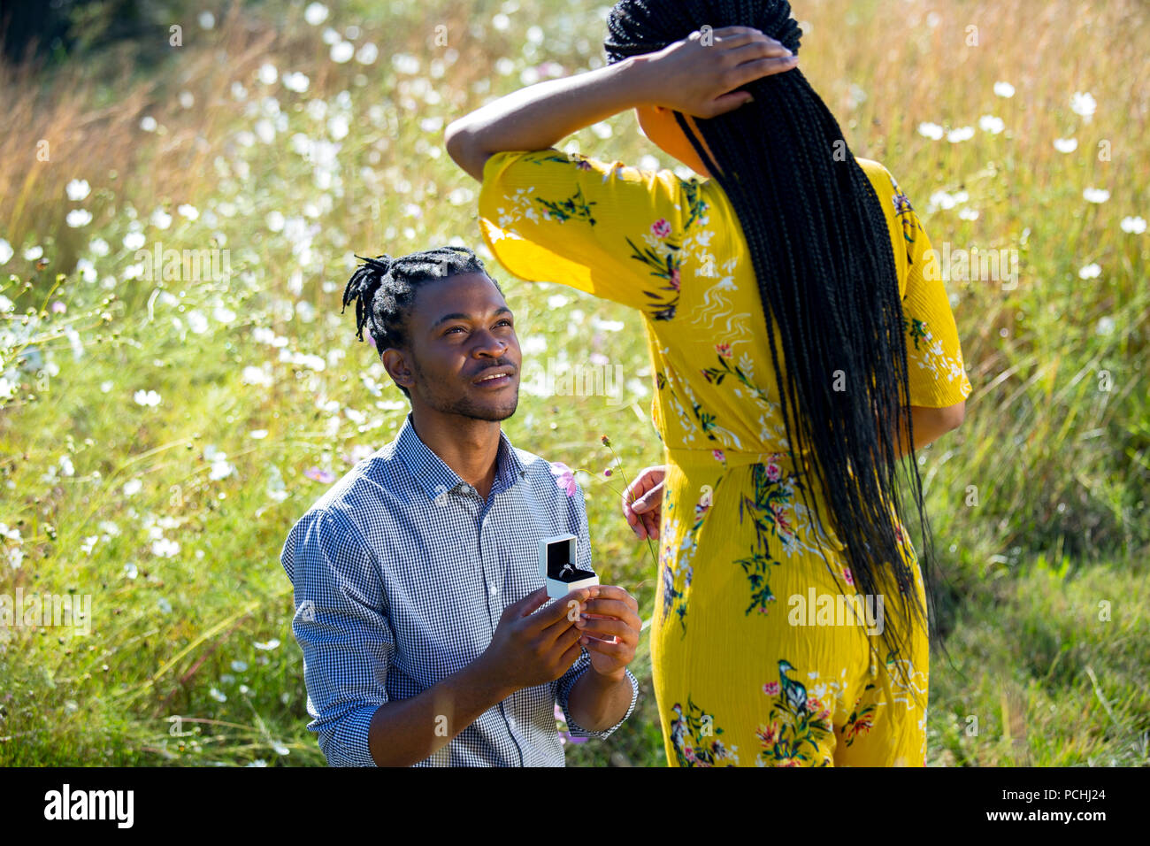 African man proposing to African woman in field Stock Photo