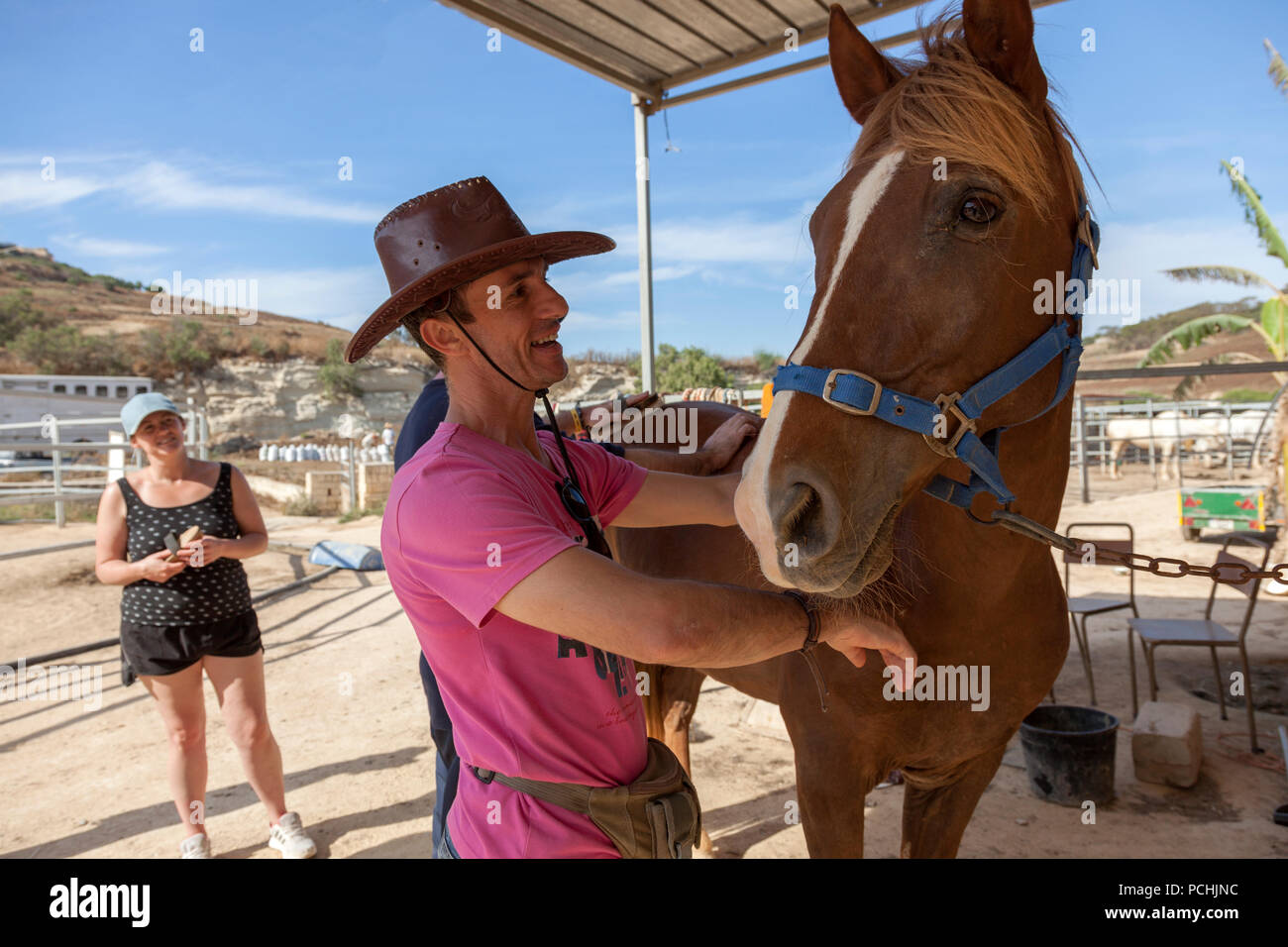 Visitors at a horse-farm interact with a horse. Stock Photo