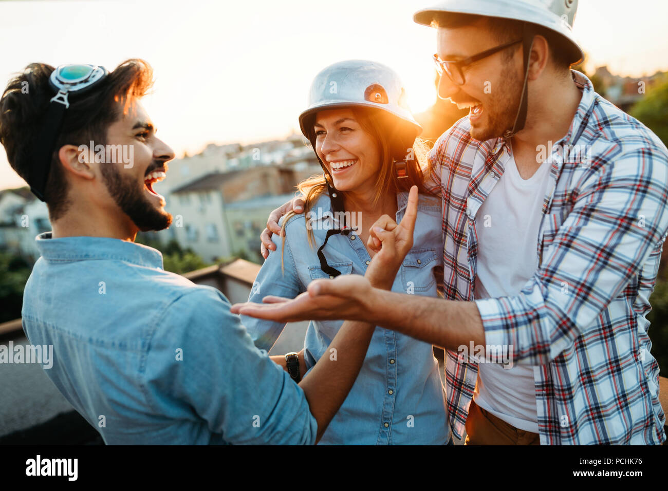 Happy cheerful friends spending fun times together Stock Photo