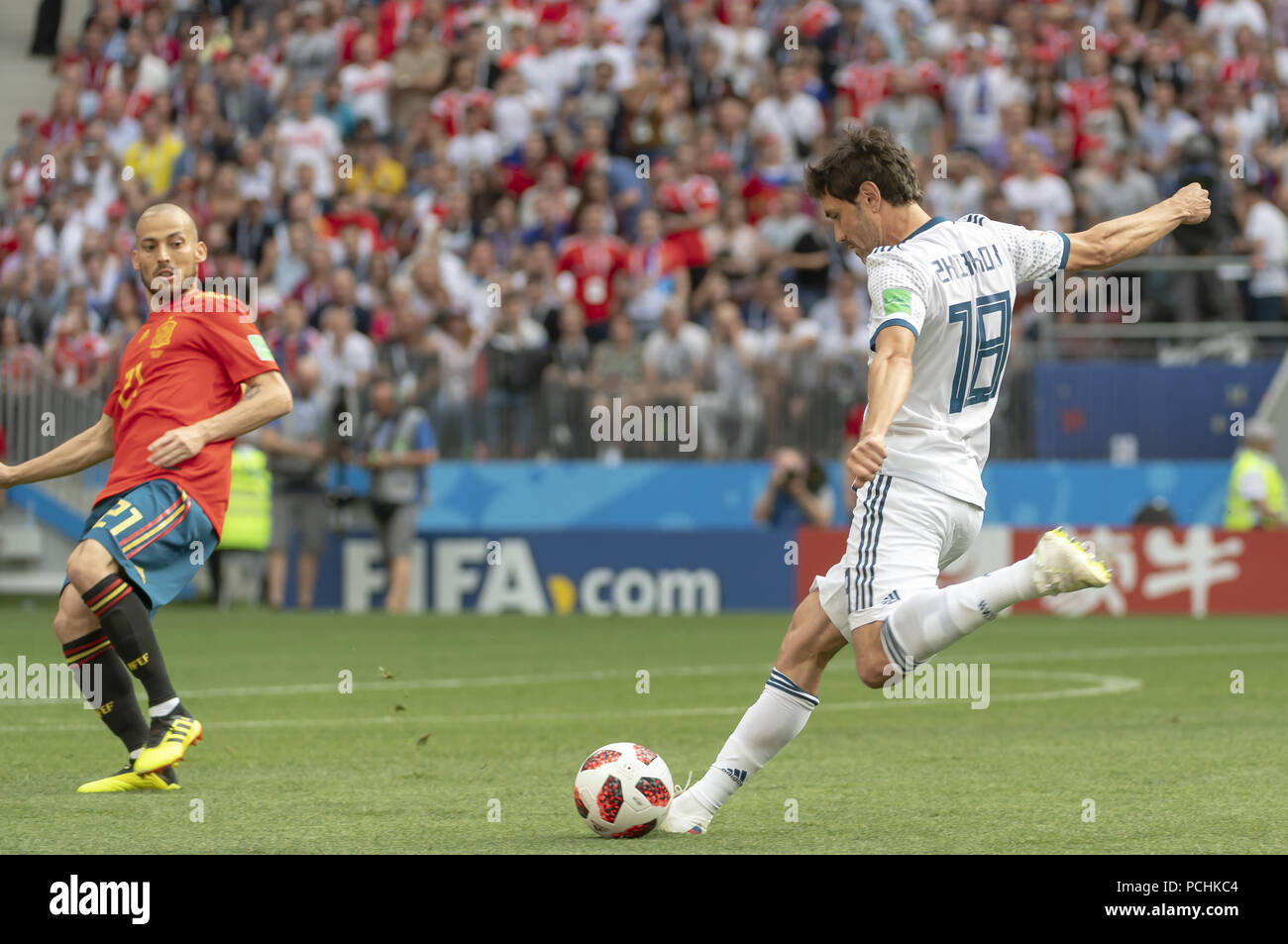 2018 FIFA World Cup - Round of 16 - Spain v Russia  Featuring: David SILVA, Yury Zhirkov Where: Moscow, Russian Federation When: 01 Jul 2018 Credit: Anthony Stanley/WENN.com Stock Photo