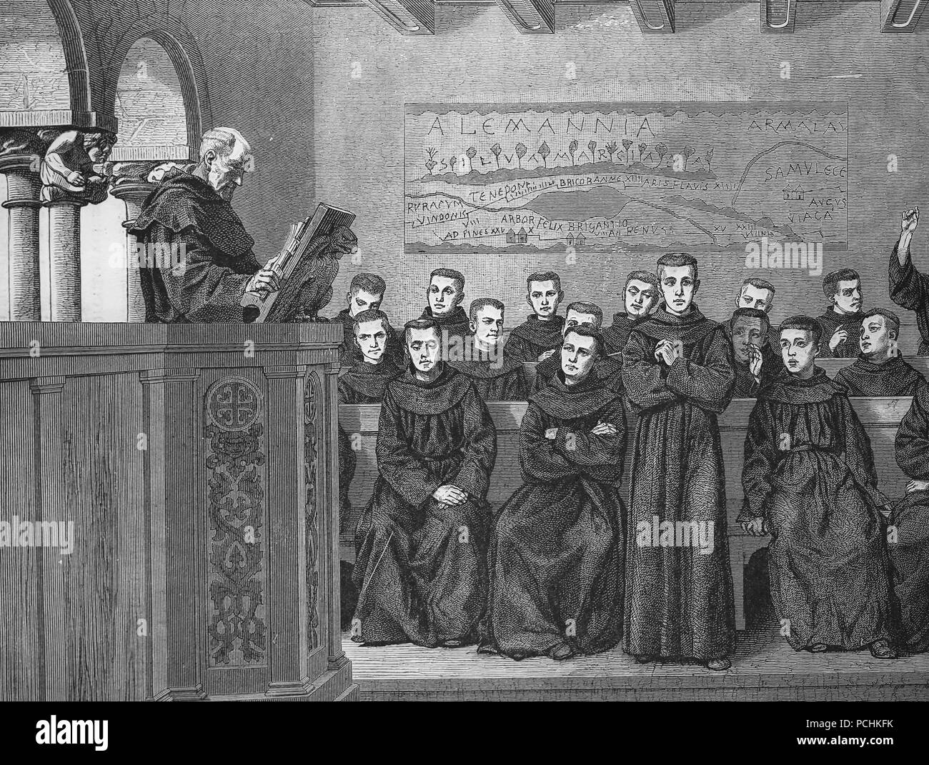 Carolingian age. Germany. Benedictine monastery. Convent school. Early Medieval. Engraving,  1882. Stock Photo
