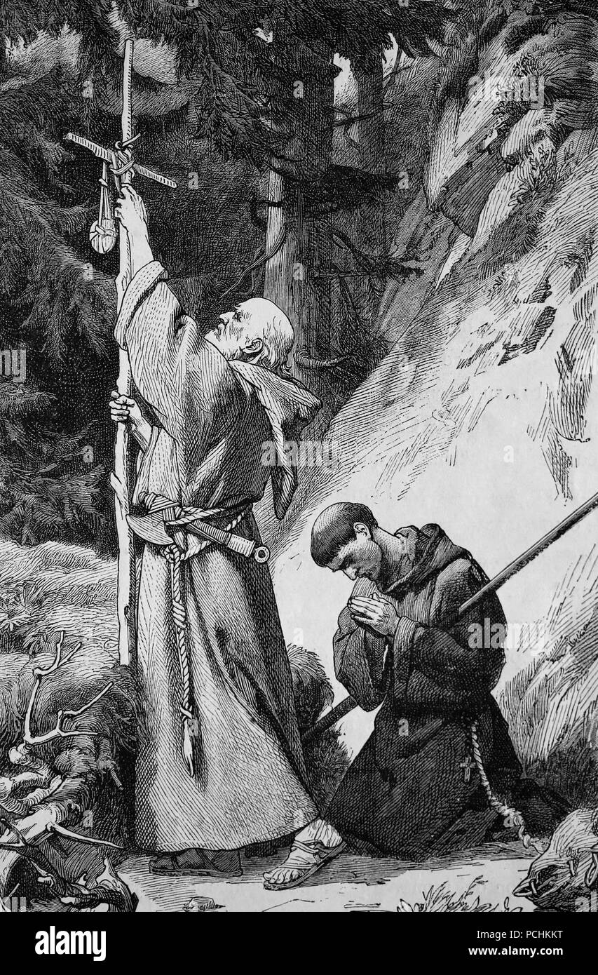 Carolingian age. Early Medieval. The foundation of St. Gall Abbey. Engraving,  1882. Stock Photo