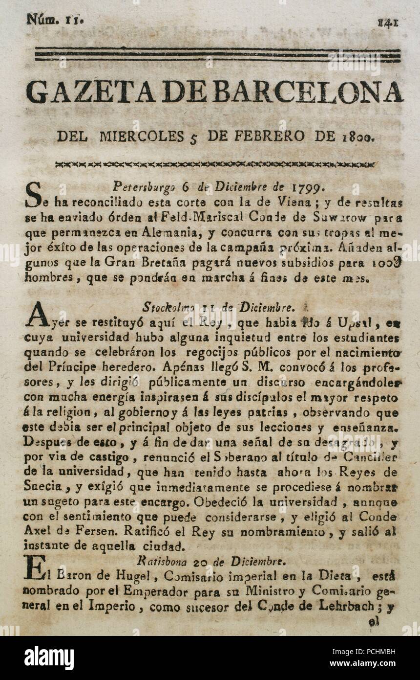 Gazeta de Barcelona, 5 de febrero de 1800. Núm. 11. Portada. Biblioteca Histórico Militar de Barcelona. Cataluña. España. Stock Photo