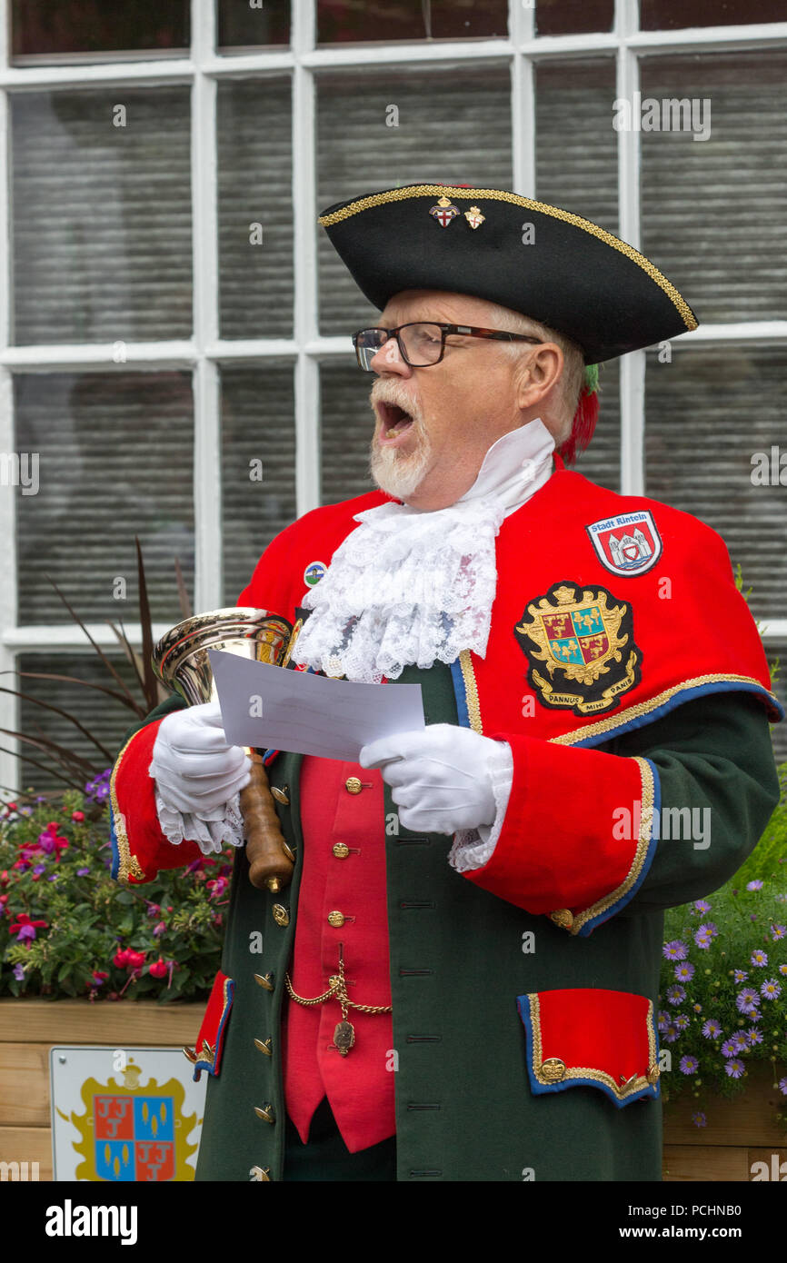 The Kendal Town Crier announcing news on Market day in the Cumbrian Market Town. Stock Photo