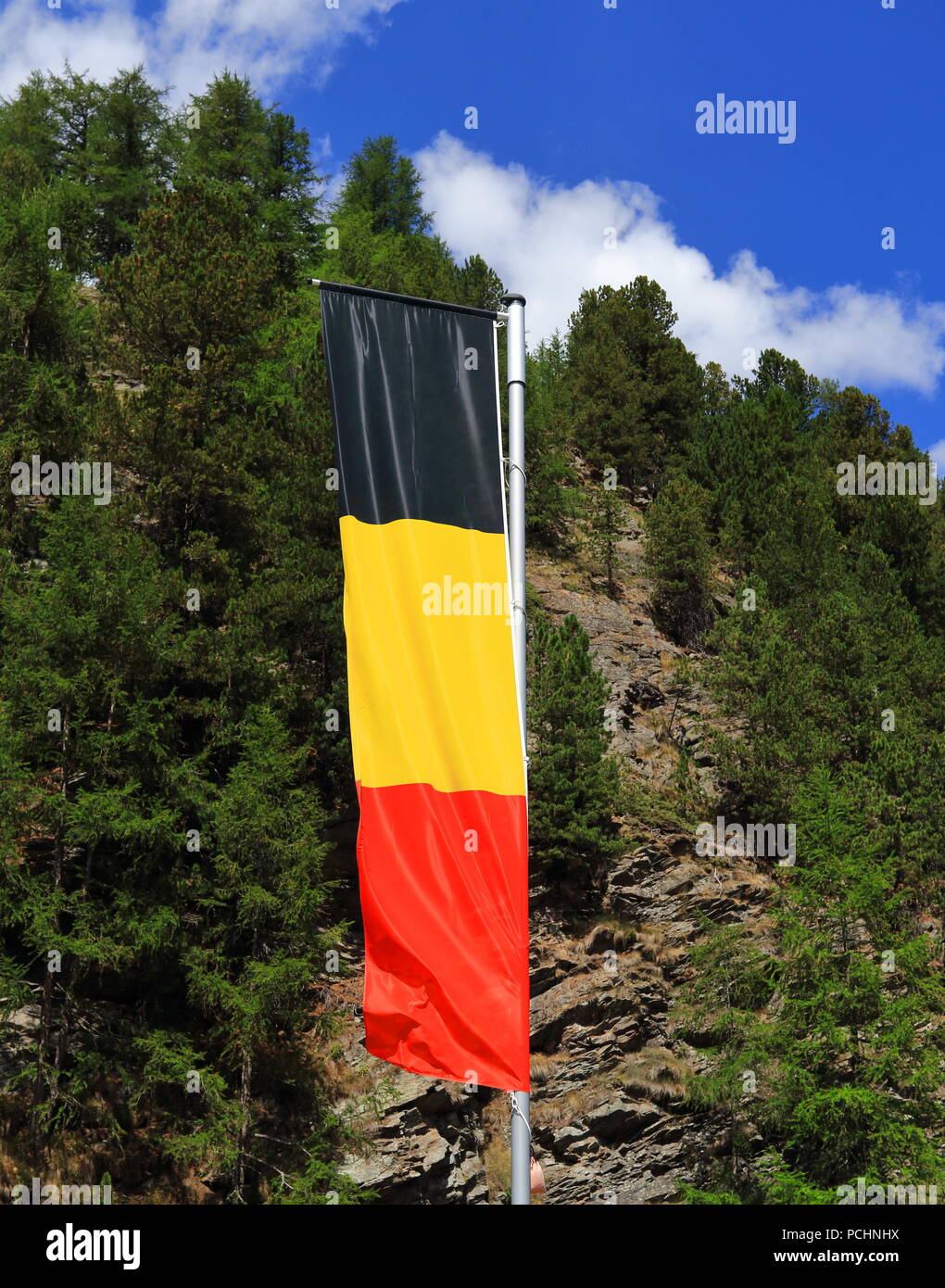 Flag of Belgium against forest and blue sky background Stock Photo