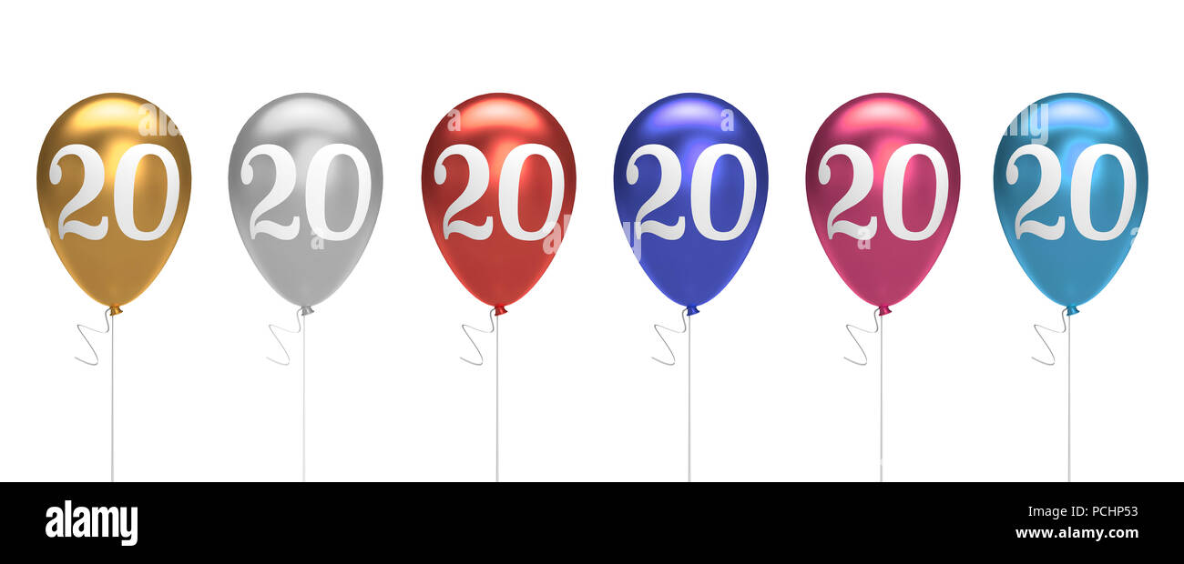 Number 20 birthday balloons collection gold, silver, red, blue, pink. 3D Rendering Stock Photo