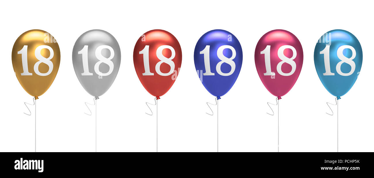 Number 18 birthday balloons collection gold, silver, red, blue, pink