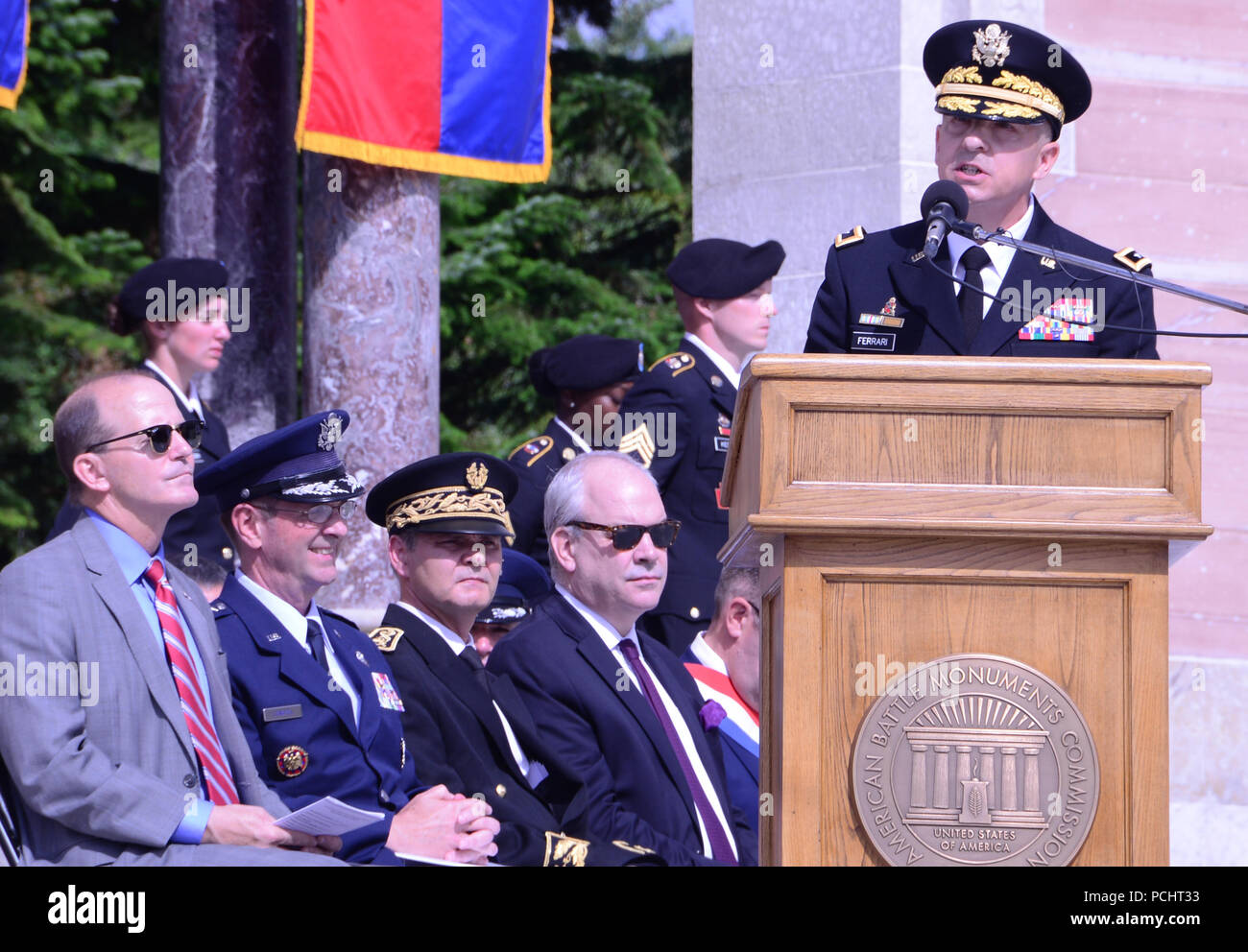 Major General Steven Ferrari, commander of the 42nd Infantry Divison, speaks during an event commemorating the participation of the 42nd Divison, now an element of the New York Army National Guard, in the  Oisne-Aisne Campaign t at the Oise- Aisne American Cemetery in Seringes et Nesles,on July 28, 2018.Twenty-five Soldiers from the 42nd Infantry Division were in France from July 24-29 to take part in events commemorating the division's role-- and the role of the U.S. Army-- in World War I. ( U.S. Army National Guard photo by Capt. Jean Marie Kratzer) Stock Photo