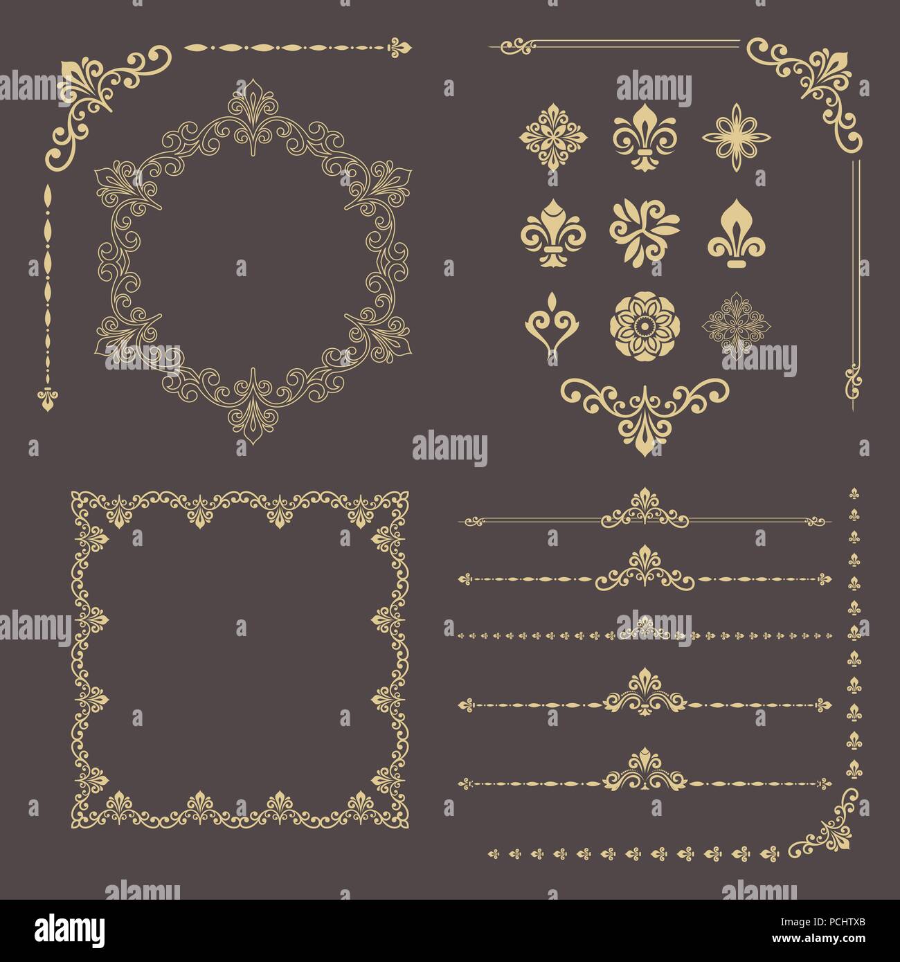 Vintage Set of Vector Horizontal, Square and Round Golden Elements ...