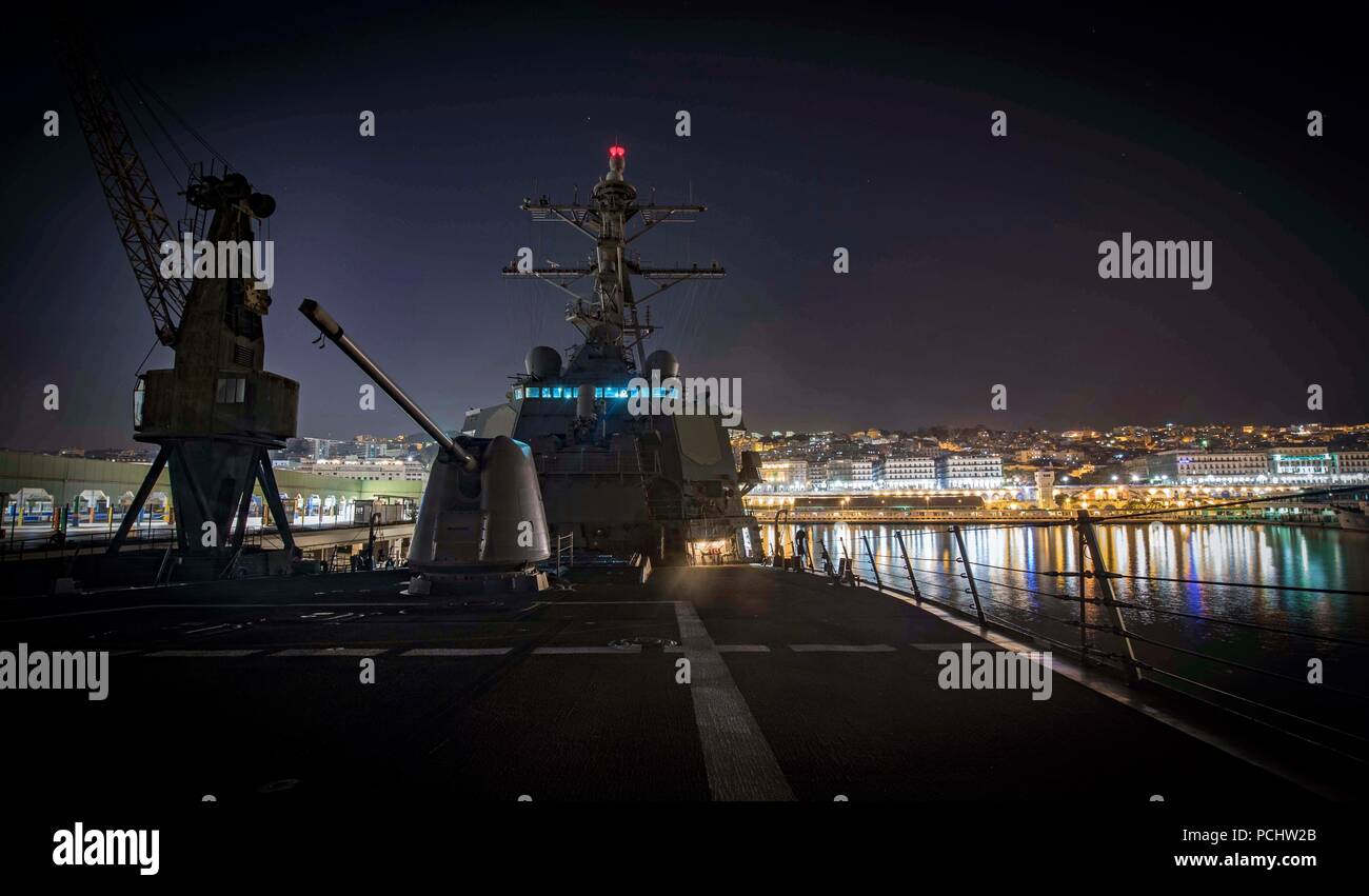 180730-N-UY653-444  ALGIERS, Algeria (July 30, 2018) The Arleigh Burke-class guided-missile destroyer USS Carney (DDG 64) moored in Algiers, Algeria, during a scheduled port visit July 30, 2018. Carney, forward-deployed to Rota, Spain, is on its fifth patrol in the U.S. 6th Fleet area of operations in support of regional allies and partners as well as U.S. national security interests in Europe and Africa. (U.S. Navy photo by Mass Communication Specialist 1st Class Ryan U. Kledzik/Released) Stock Photo