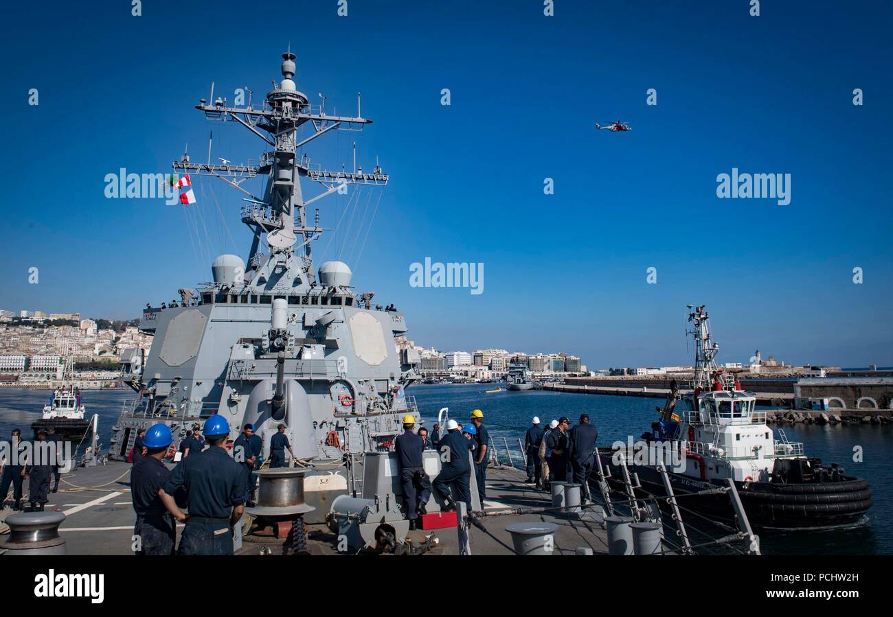 180731-N-UY653-081  ALGIERS, Algeria (July 31, 2018) The Arleigh Burke-class guided-missile destroyer USS Carney (DDG 64) departs Algiers, Algeria, following a scheduled port visit July 31, 2018. Carney, forward-deployed to Rota, Spain, is on its fifth patrol in the U.S. 6th Fleet area of operations in support of regional allies and partners as well as U.S. national security interests in Europe and Africa. (U.S. Navy photo by Mass Communication Specialist 1st Class Ryan U. Kledzik/Released) Stock Photo