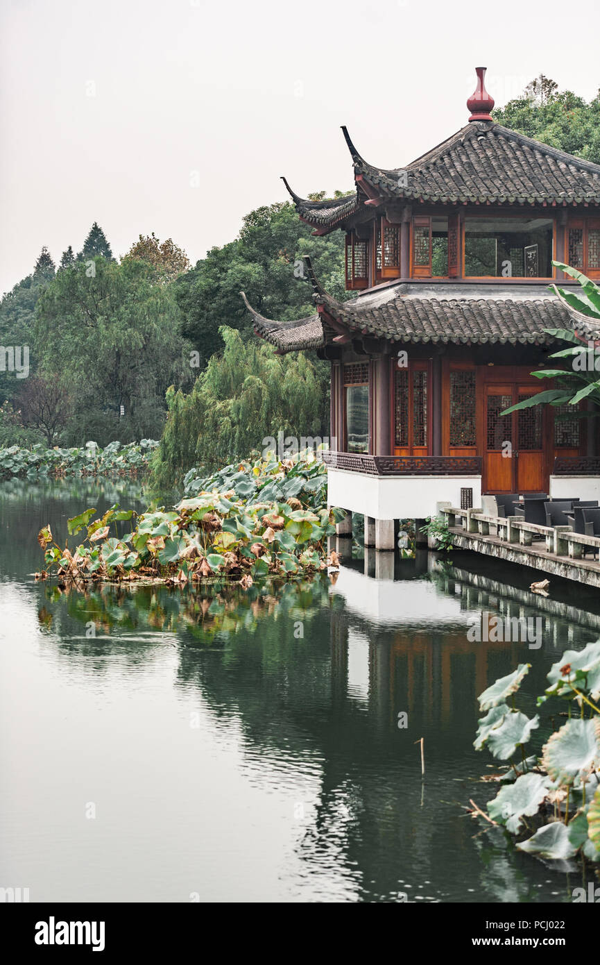 Traditional garden roof in Hangzhou, China. Decorative sculptures and