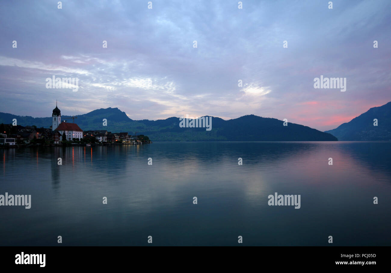 Lake Lucerne at Beckenried at dawn Stock Photo