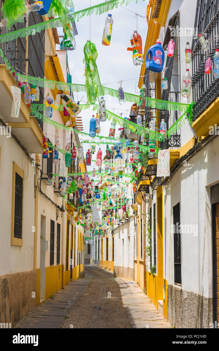 Plastic bottle, waste plastic bottles hanging above a street serve as a protest and warning against global pollution from plastics, Cordoba, Spain Stock Photo