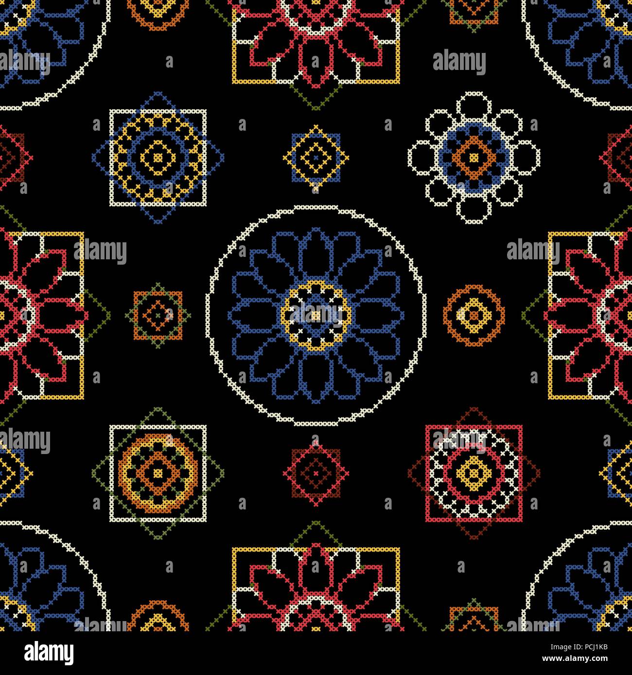 Embroidery pattern vector illustration. Bright seamless dark background with abstract flowers