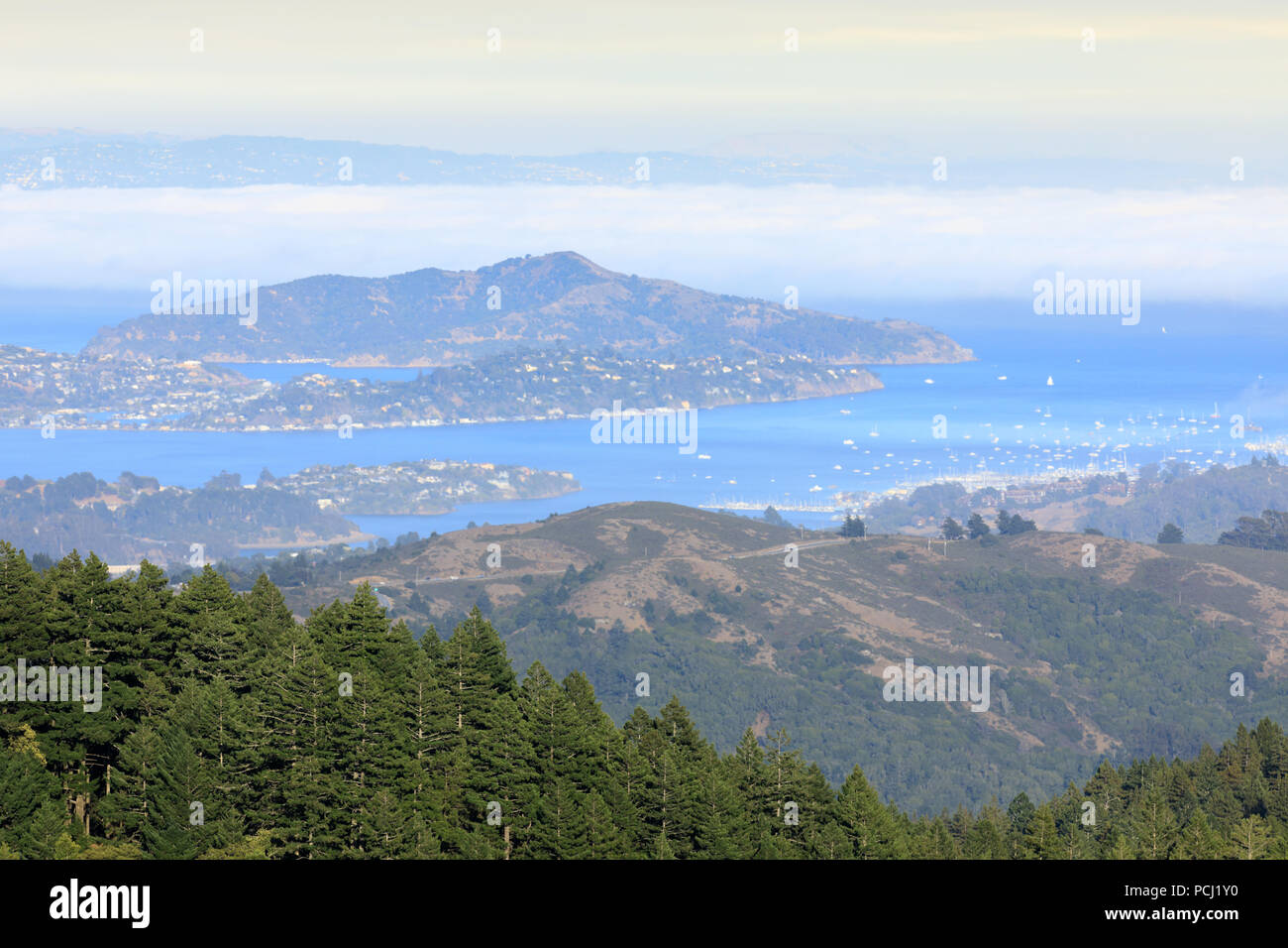 Angel Island and Richardson Bay viewed from Mt Tamalpais. Stock Photo
