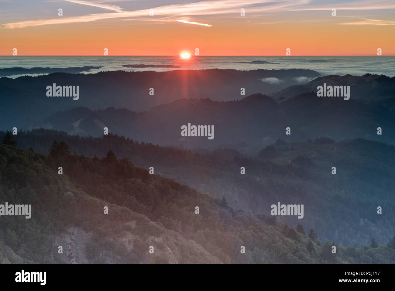 Sunset views of Marin County Hills from Mount Tamalpais East Peak. Stock Photo