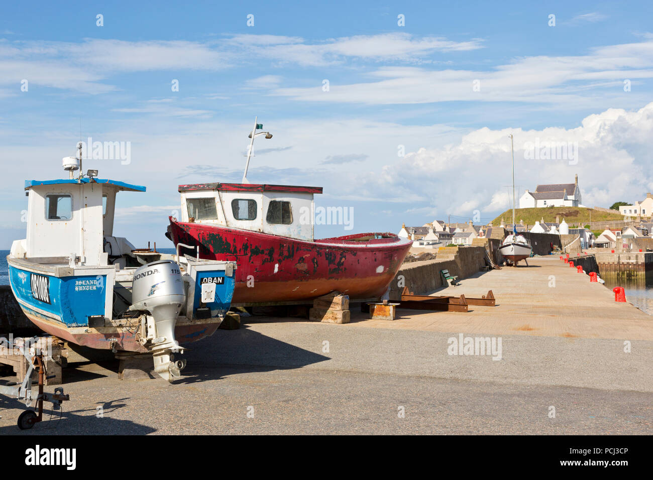 Fishing Boats at Findochty Harbour in Aberdeenshire Scotland Stock Photo