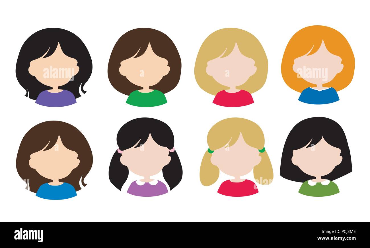 Set flat design of female avatars - head with hair without face, with different hair styles and hair color - vector, usable for web or social networks Stock Vector