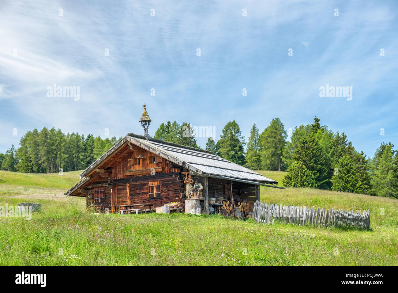 Timber house on a meadow in the alps Stock Photo