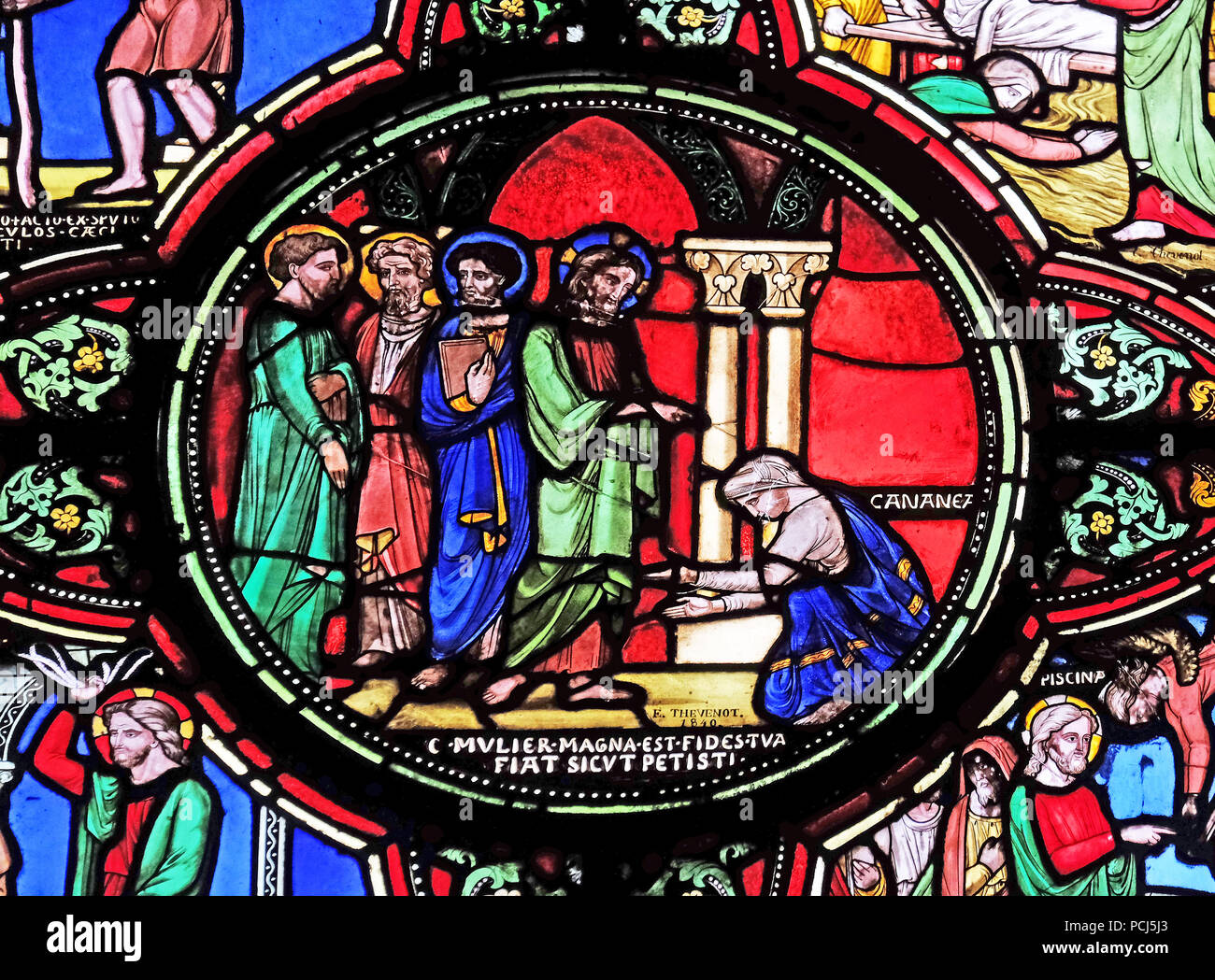 Jesus and the Canaanite woman, stained glass window from Saint Germain-l'Auxerrois church in Paris, France Stock Photo