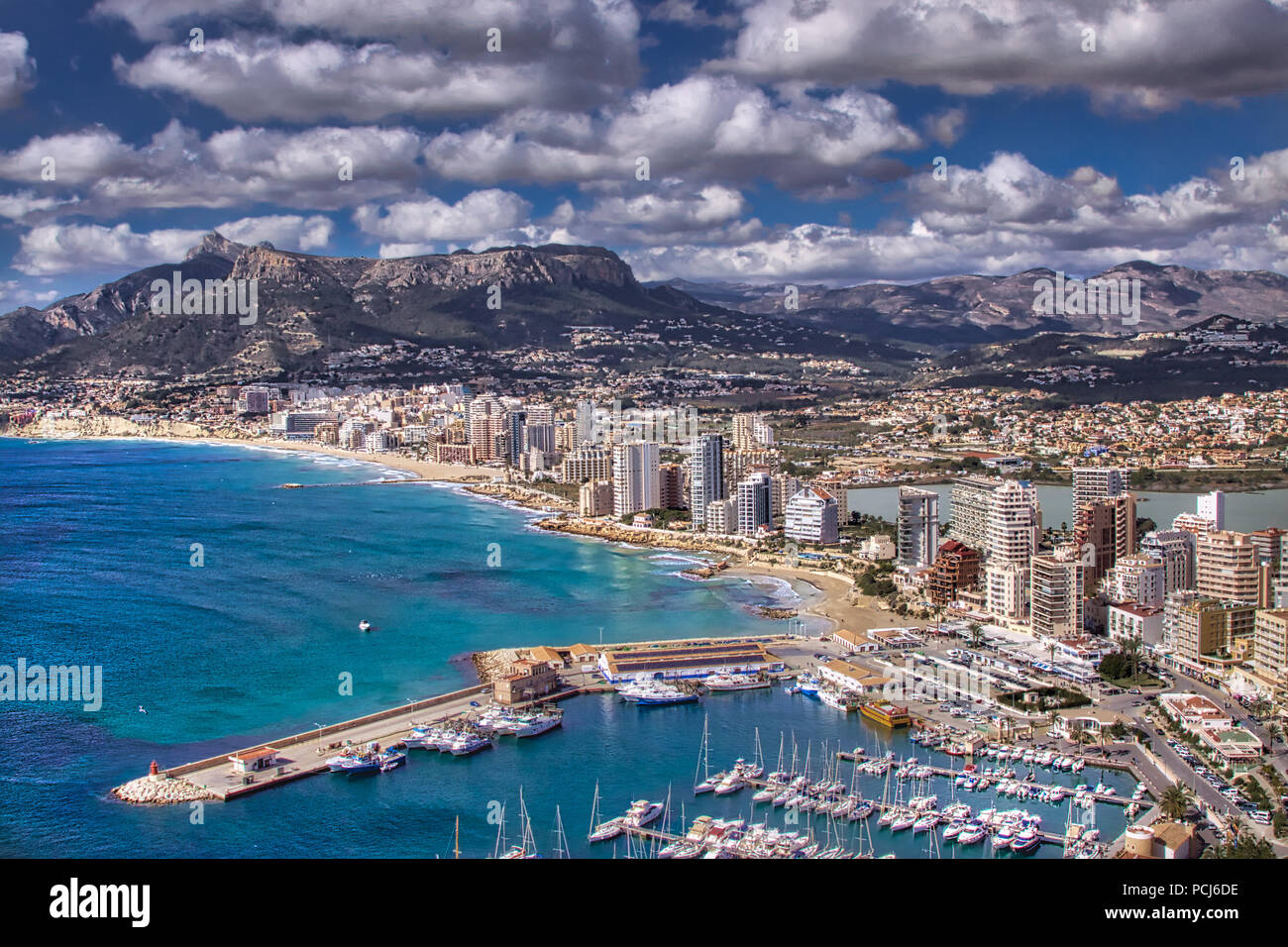 Alicante Spain, Seaside, Beach, Mediterranean, marina, coast, landscape, Europe, travel, vacation, sea, Spain beach, ocean, boats, sailing, city Stock Photo