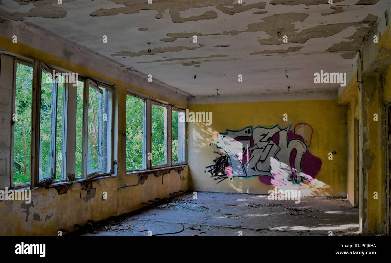Lost place, Empty, Deserted Room, Graffiti, Hungary Stock Photo