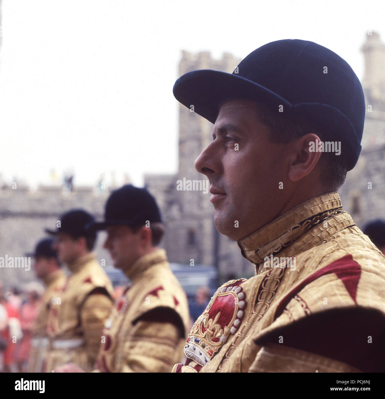 1960s, historial, close-up picture of a Drum Major of the Coldstream Guards standing outside Windsor Castle, England, UK. Stock Photo