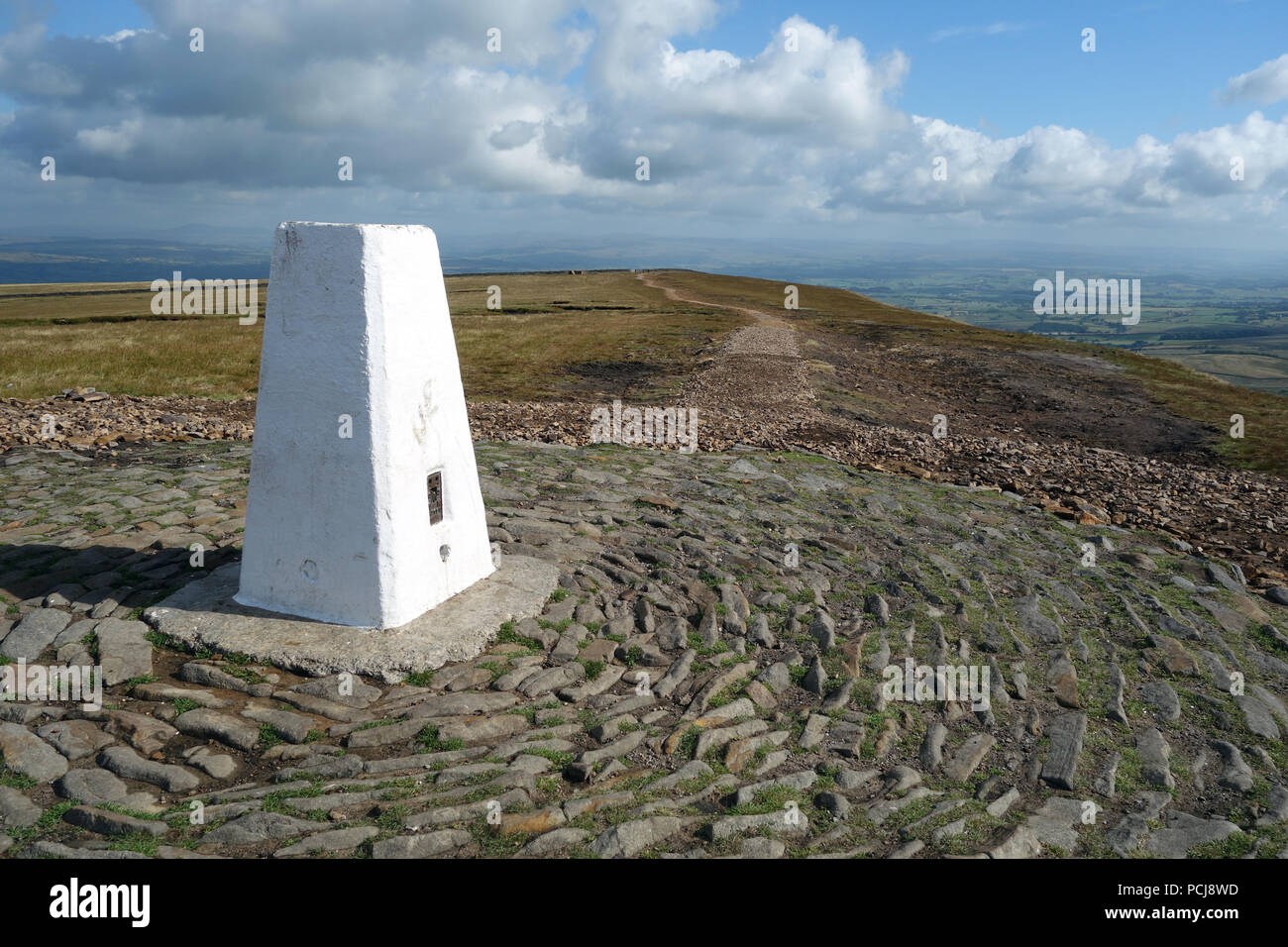 The New Path Leading up to the Concrete Trig Column on the Summit of Pendle Hill, Lancashire, England, UK Stock Photo