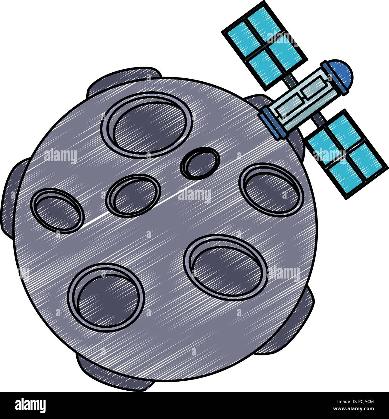 Satellite flying around meteor scribble Stock Vector
