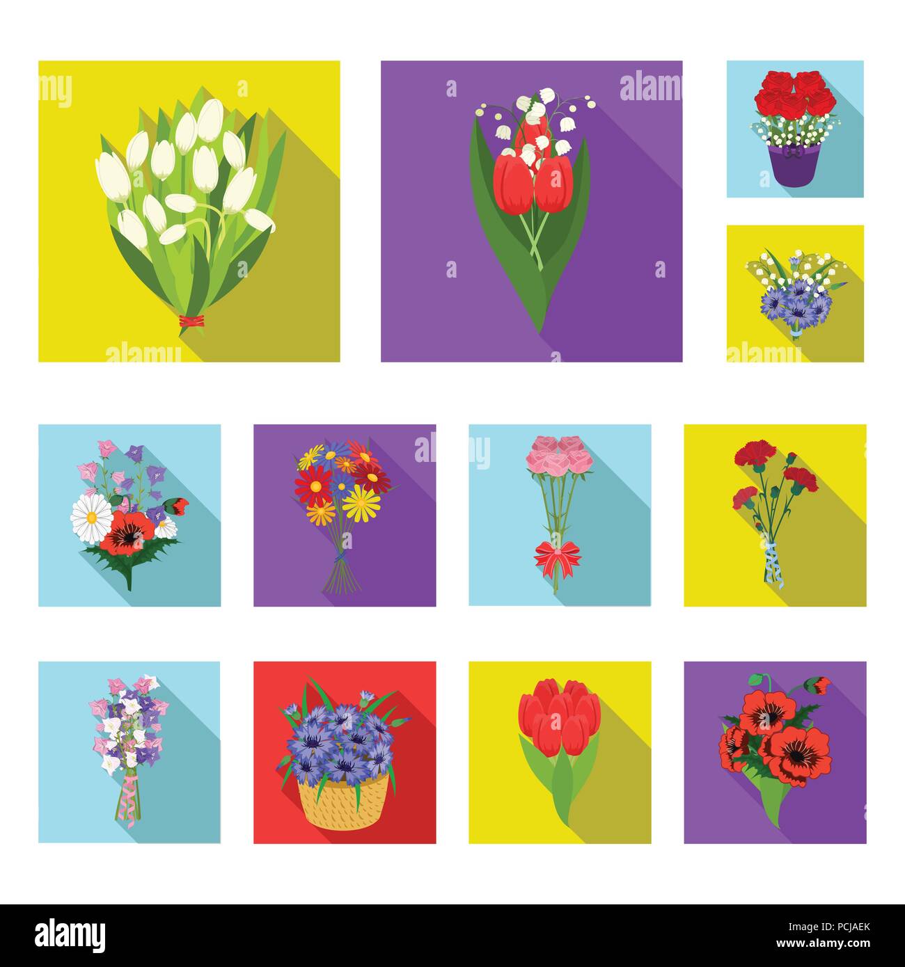 A bouquet of fresh flowers flat icons in set collection for design ...