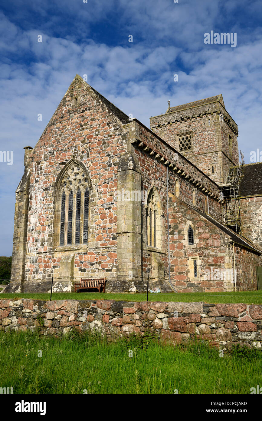 Restoration work of medieval church at Iona Abbey monastery founded by St Columba on Isle of Iona Inner Hebrides Scotland UK Stock Photo