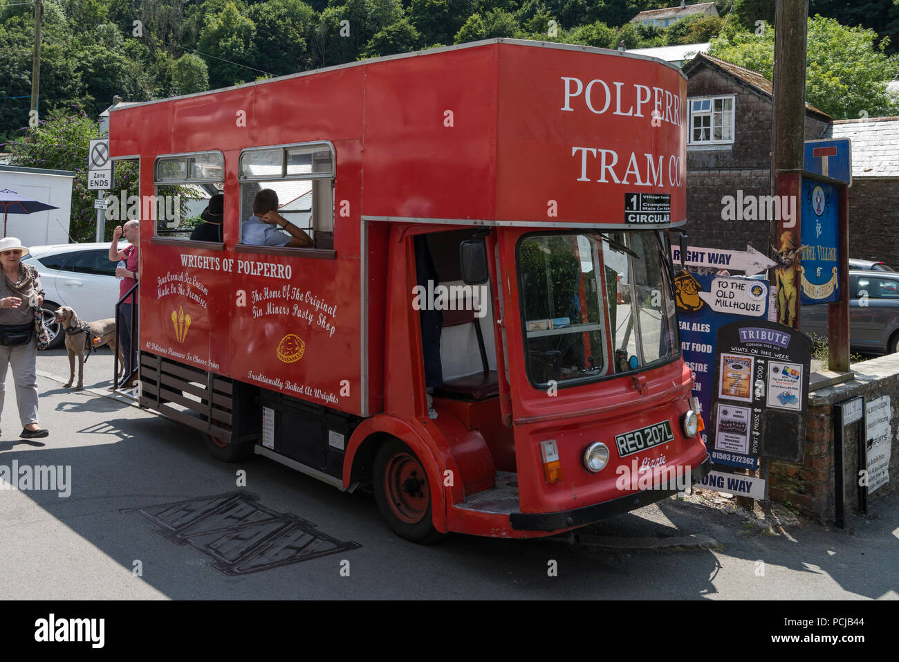 Polperro Tram Company electric tram, Polperro, Cornwall, England, UK Stock Photo
