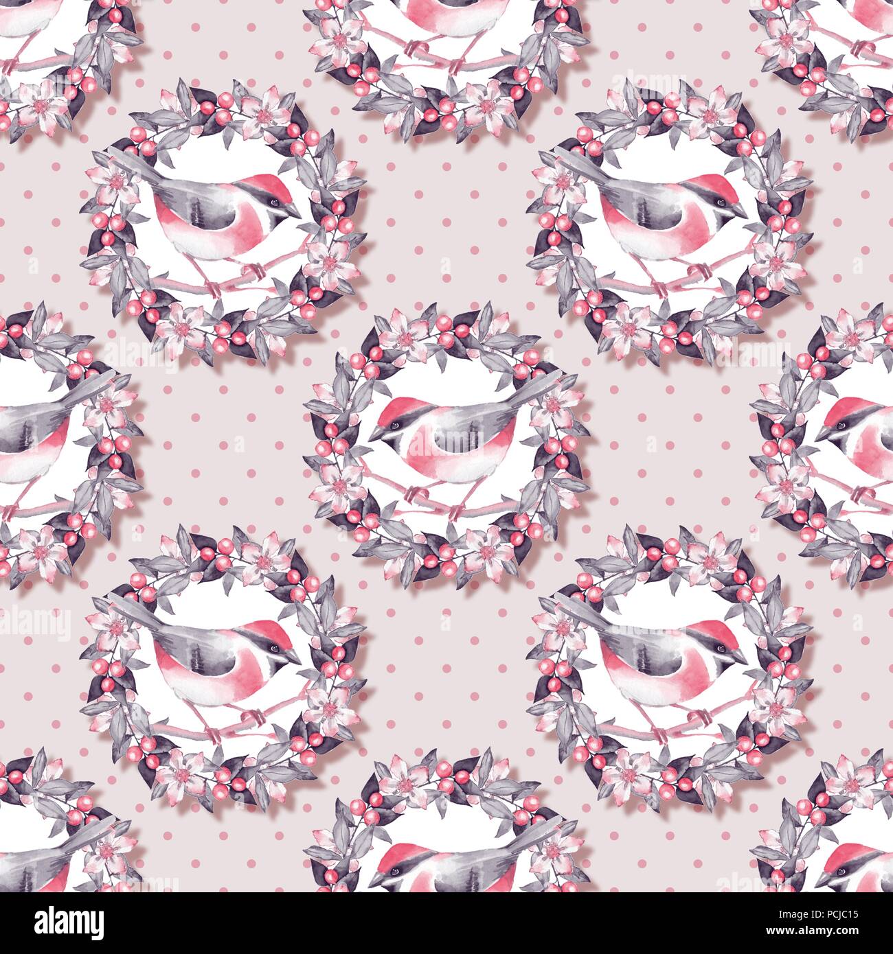 Hand drawn watercolor floral seamless pattern with birds Stock Photo ...