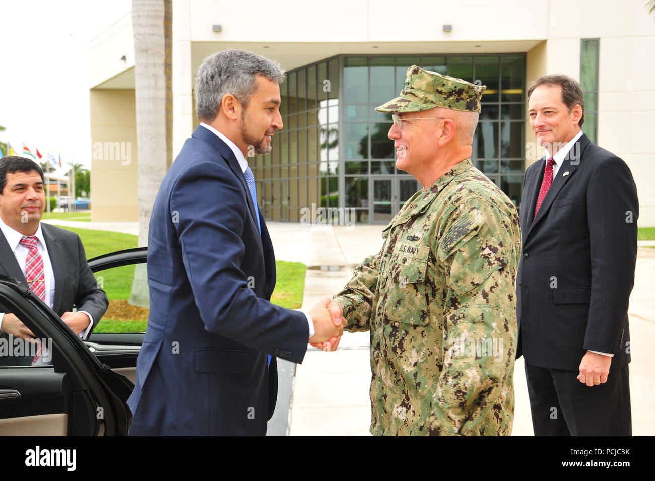 U.S. Navy Adm. Kurt Tidd, commander of U.S. Southern Command, greets Paraguay President-elect Mario Abdo Benitez upon his arrival at the command’s headquarters in Miami July 30. Abdo Benítez met with Tidd and other senior leaders to discuss the U.S.-Paraguay defense partnership. The close collaborative ties between the United States and Paraguay include many decades of strong security cooperation based on common interests, shared goals and mutual respect. (U.S. Southern Command photo by Juan Chiari) Stock Photo
