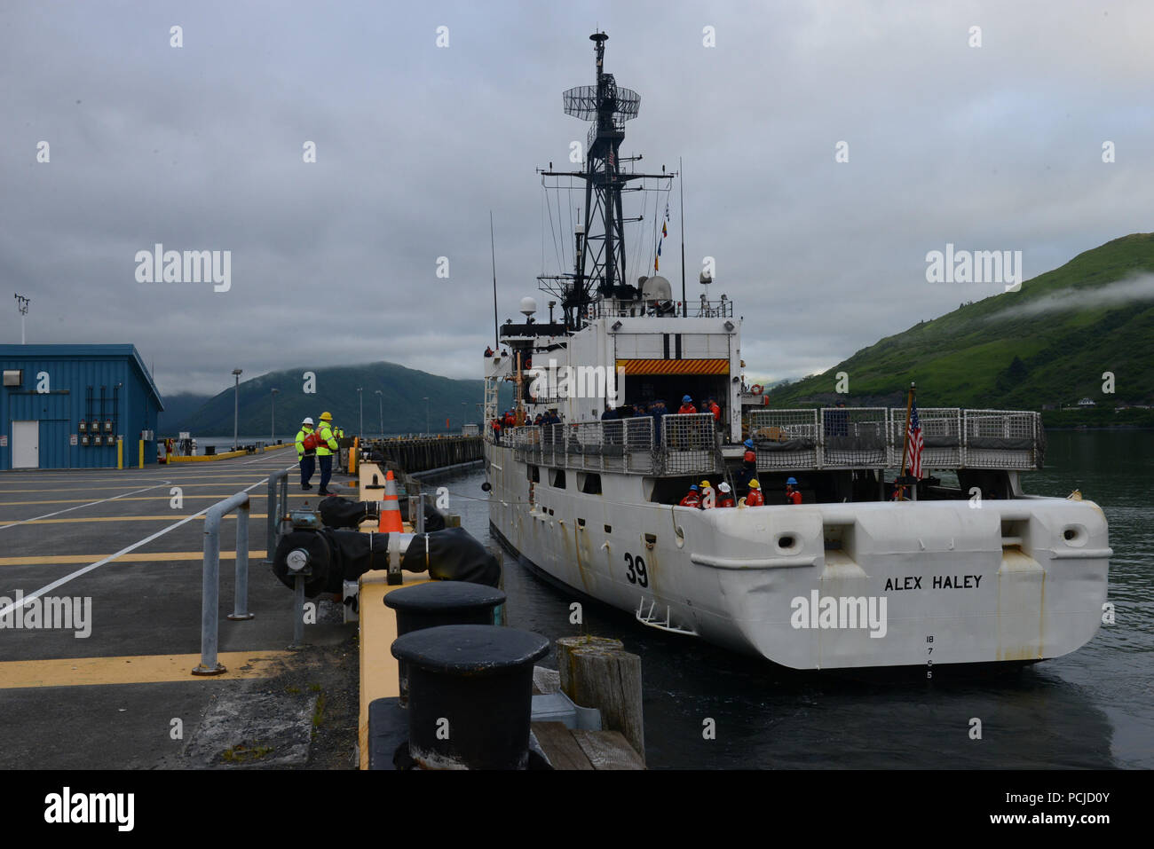 The Coast Guard Cutter Alex Haley (WMEC 39) returns to its homeport in Kodiak, Alaska, August 1, 2018. The crew members completed a 90-day deployment, patrolling more than 16,000 miles throughout the Pacific Ocean. U.S. Coast Guard photo by Petty Officer 3rd Class Lauren Dean. Stock Photo