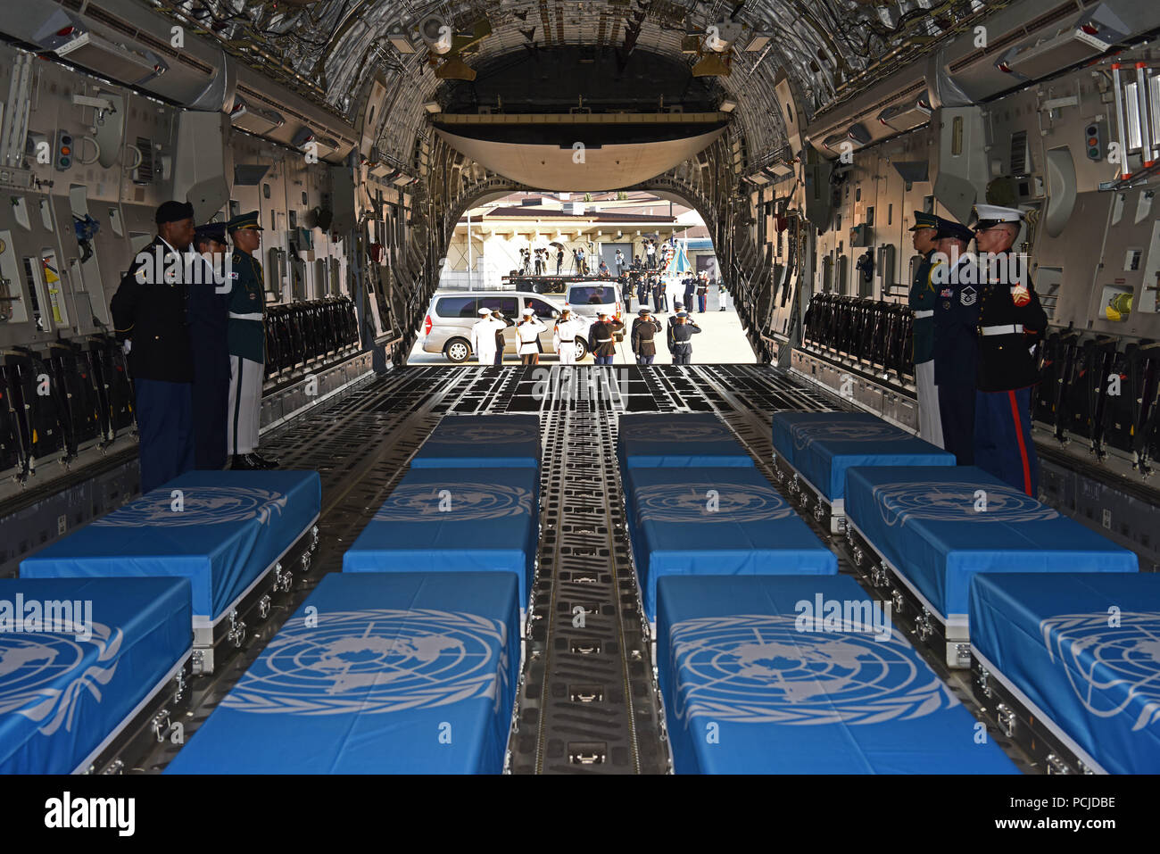 The United Nations Command Honor Guard Transfers Caskets Of Remains Onto Waiting C 17 Globemaster Iiis At Osan Air Base Republic Of Korea Aug 1 2018 Ninety One Service Members From Various Un Countries