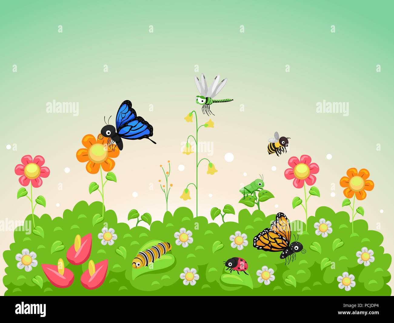 Illustration Of Garden Insects Flying In The Garden Full Of Flowers Stock Photo Alamy
