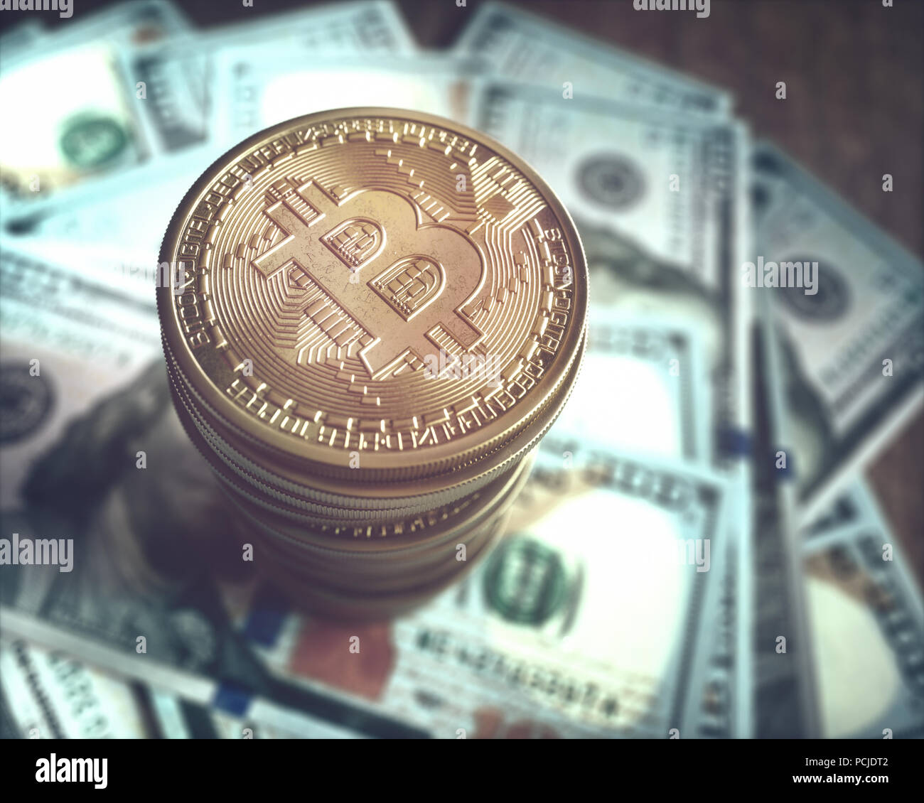 3D illustration. Bitcoin golden coin over a bunch of hundred dollar bills. Concept image of the market of cryptocurrency. Stock Photo