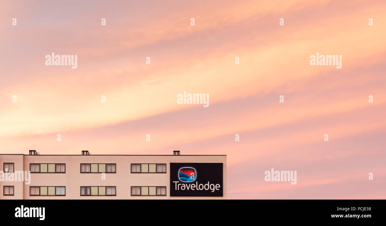 High up view of the Travelodge hotel in Birmingham, UK, at sunset with plenty of copy space Stock Photo
