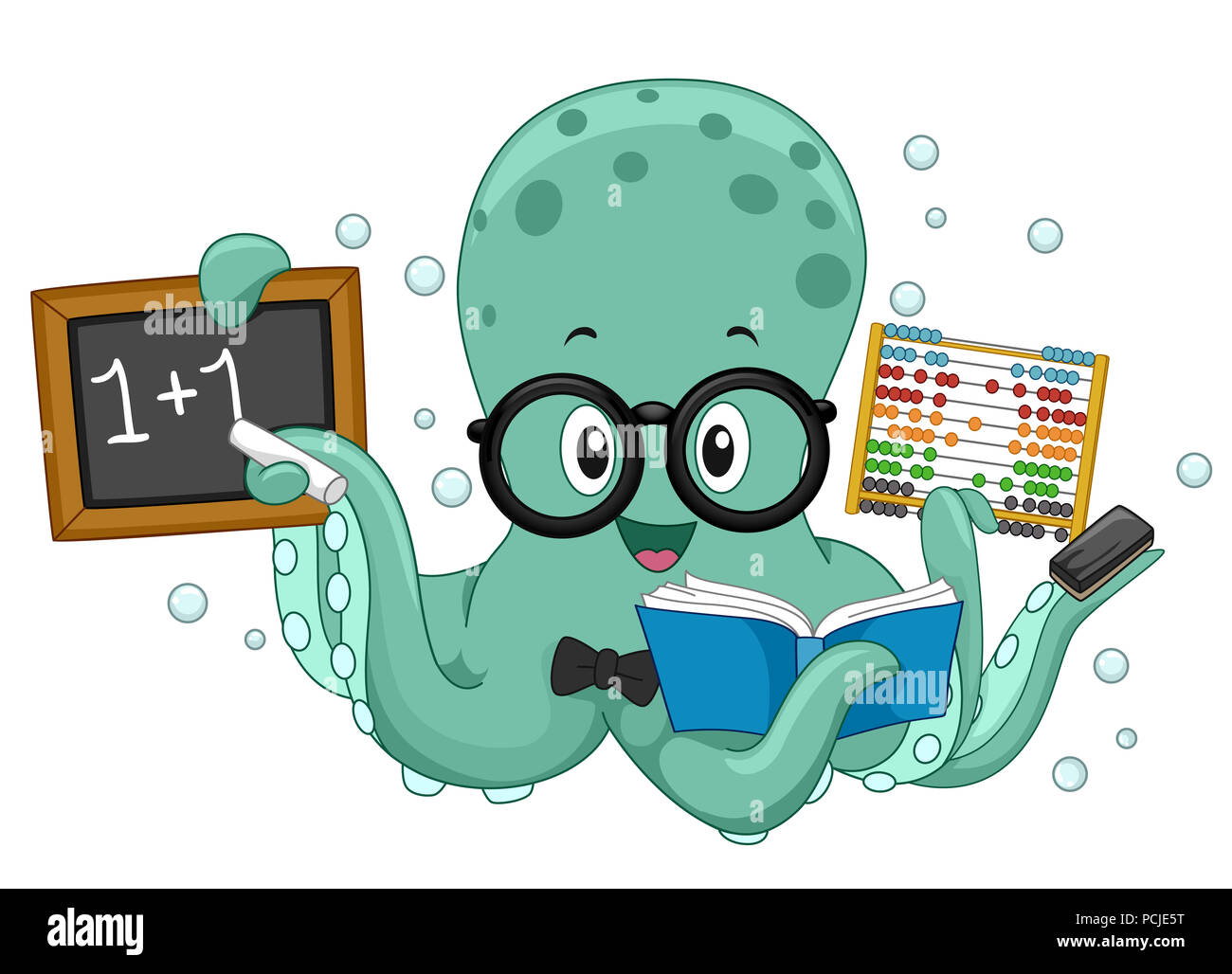 Illustration of an Octopus Math Teacher Holding a Blackboard, Book and Abacus Stock Photo