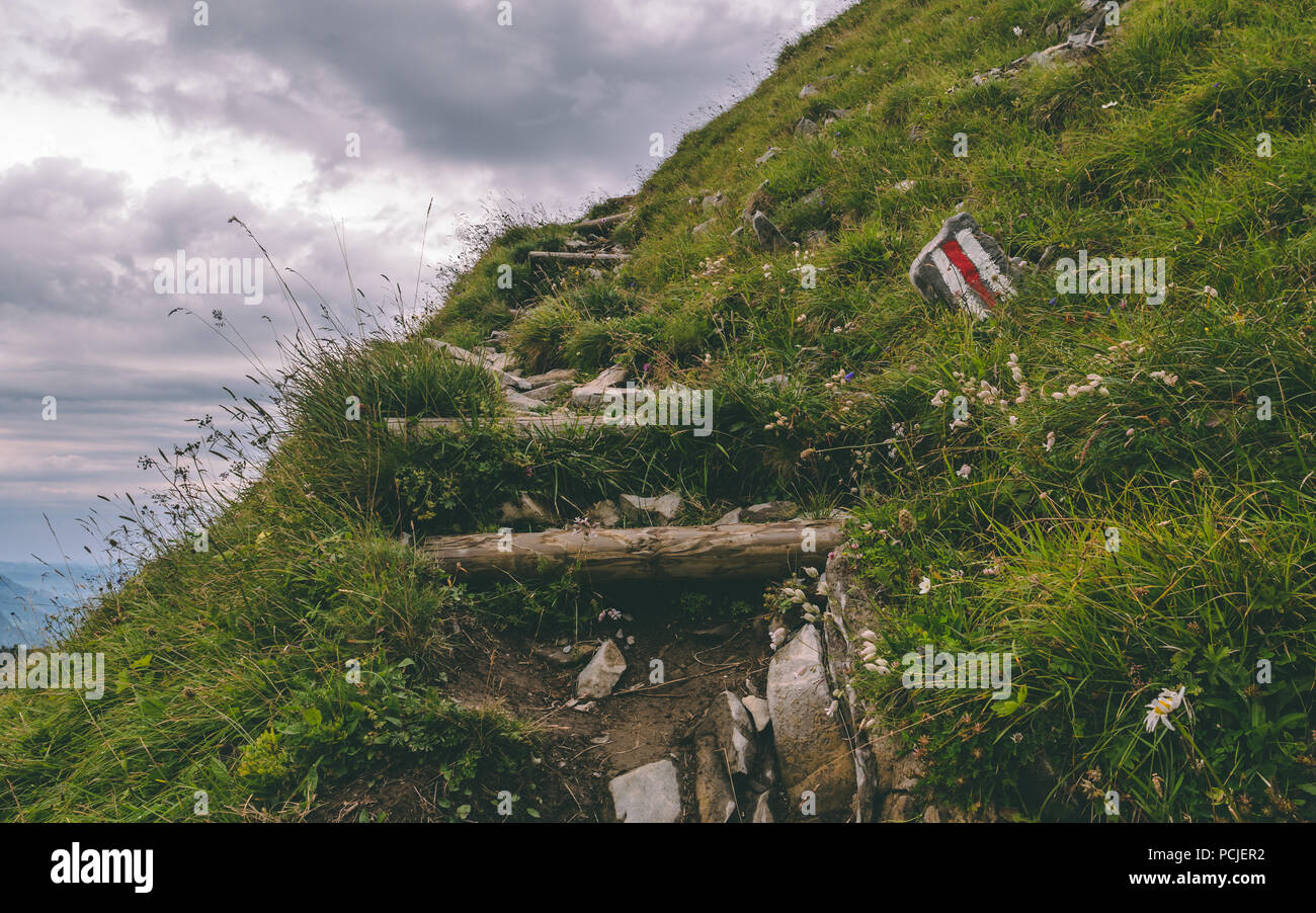 scary hiking path on a steep mountain. hiking path sign on a stone in the grass, brienzer rothorn switzerland Stock Photo