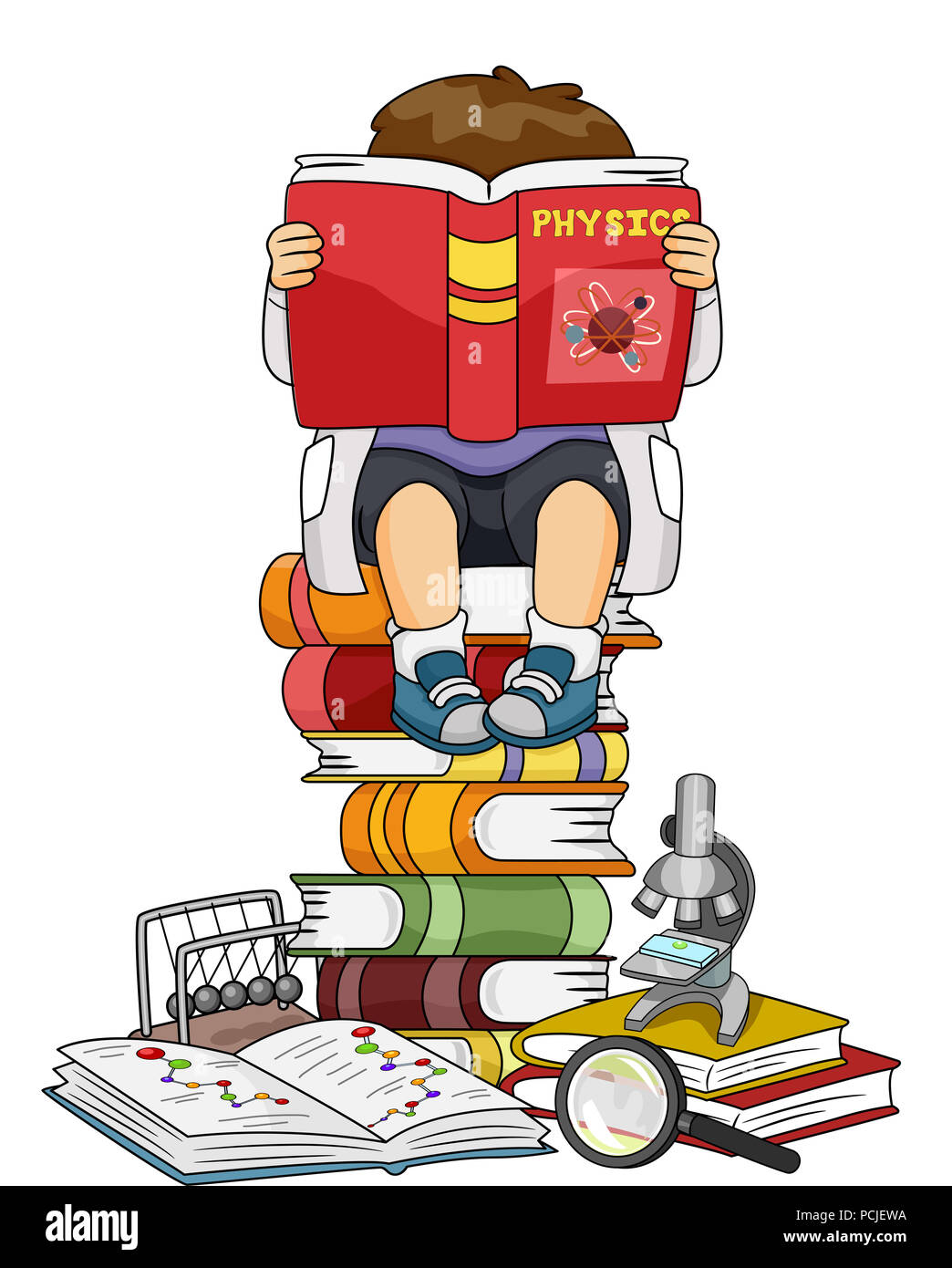 Illustration of a Kid Boy Reading a Physics Book among Several Other Books, Microscope and Magnifying Glass Stock Photo