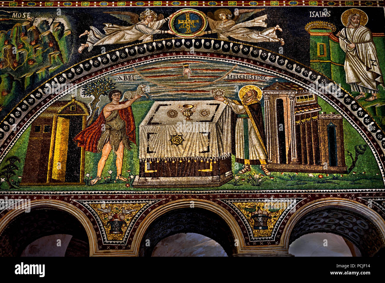 Sacrifice of Abel and Melchisedek in the Basilica of San Vitale 547 AD 6th Century in Ravenna - Mosaics ( late Roman and Byzantine architecture,) Emilia-Romagna - Northern Italy. ( UNESCO World Heritage site ) Stock Photo