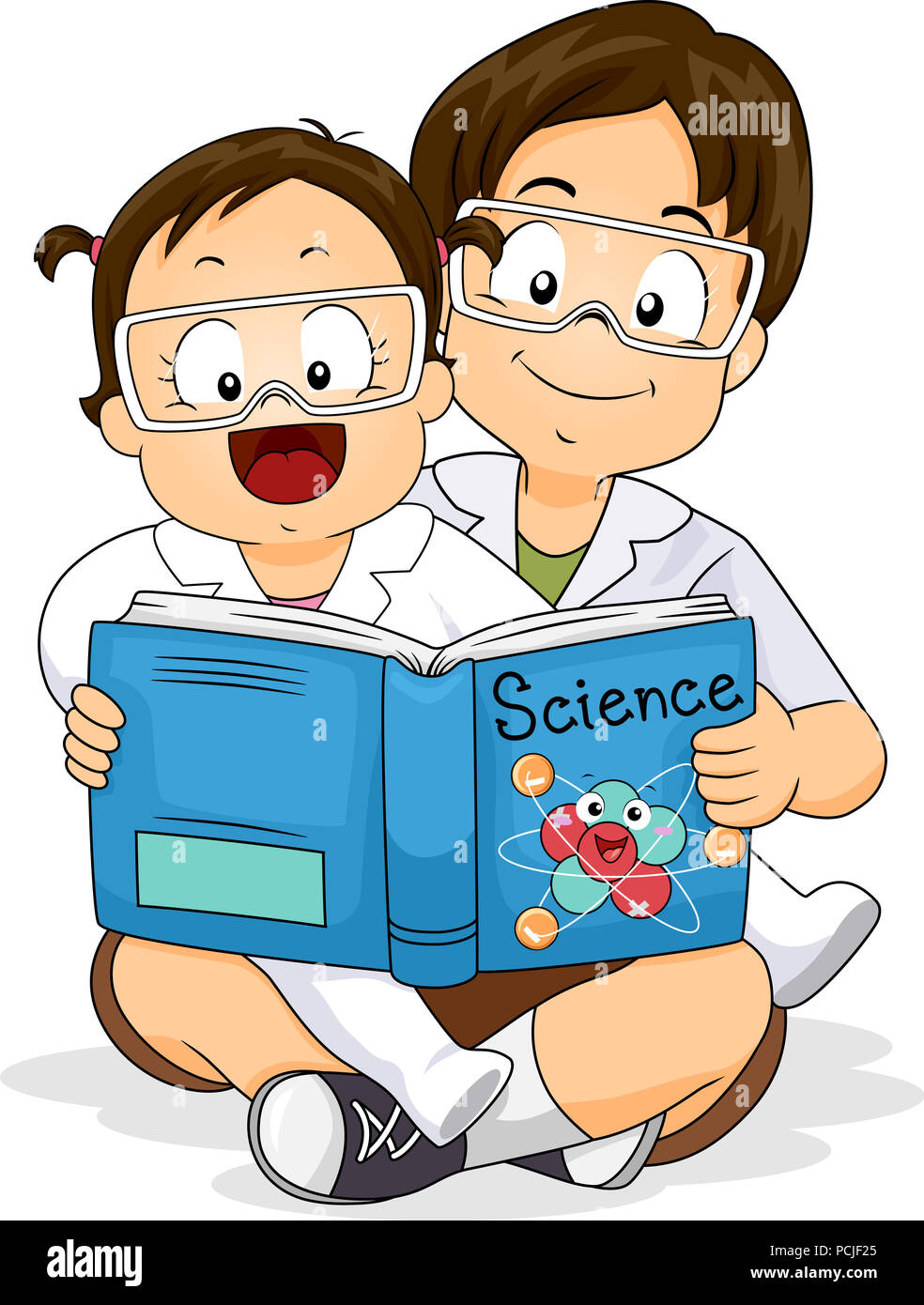 Illustration of Siblings Wearing Lab Gown and Goggles Reading a Science