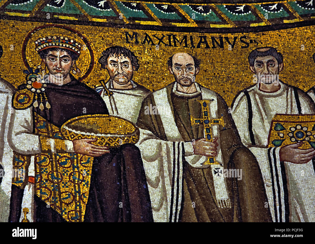 Emperor Justinianus in the Basilica of San Vitale 547 AD 6th Century in Ravenna - Mosaics ( late Roman and Byzantine architecture,) Emilia-Romagna - Northern Italy. ( UNESCO World Heritage site ) Stock Photo