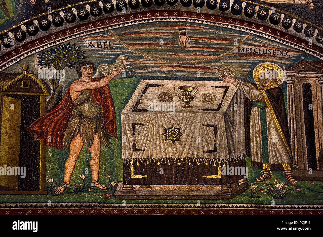 Sacrifice of Abel and Melchisedek in the Basilica of San Vitale 547 AD 6th Century in Ravenna - Mosaics ( late Roman and Byzantine architecture,) Emilia-Romagna - Northern Italy. ( UNESCO World Heritage site ) Stock Photo